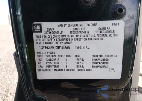 2002 Cadillac Escalade Standard z USA, uszkodzony, nr VIN 1GYEK63N02R100697